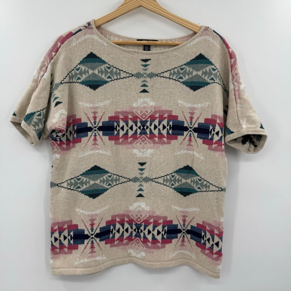 Chaps L Sweater Top Aztec Southwestern Short Sleeve Linen‎ Blend Western Women